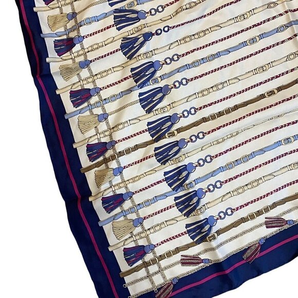 Chico's 38" Square Multicolor Scarf Belt Chain Tassel Design Blue Hand Hemmed - Picture 3 of 6